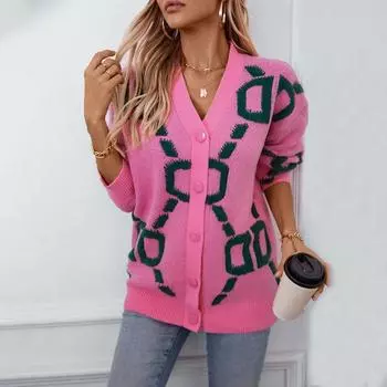 Европейский и американский вязаный кардиган куртка осень и зима новый стиль полотенце вышитые буквы свитер средней длины на пуговицах для женщин S розовый