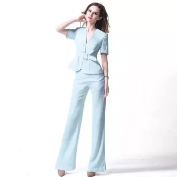Европейский и американский высококлассный женский брючный деловой костюм с короткими рукавами, цвет ледяной голубой Ice Blue (clothes + pants) S