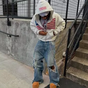 Европейский и американский Y2K напечатанный карман с надписью персонализированный трендовый свободный кардиган с капюшоном в стиле хип-хоп S