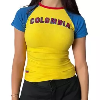 Европейский и американский женский короткий топ Y2K для девочек с вышитыми буквами, обнаженным пупком, облегающая футболка с короткими рукавами и круглым вырезом S жёлтый