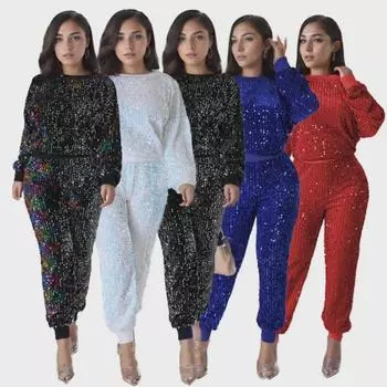 Европейский и американский женский костюм-двойка с длинными рукавами и пайетками - мода осень/зима для вечеринок и отдыха Small разноцветный