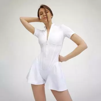 Европейский и американский женский однотонный комбинезон с круглым вырезом и короткими рукавами на молнии, короткая юбка-комбинезон S чёрный