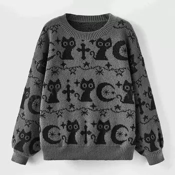Европейский и американский женский осенне-зимний милый мультяшный рисунок животных повседневный универсальный серый вязаный свитер с круглым вырезом и длинными рукавами M темно серый