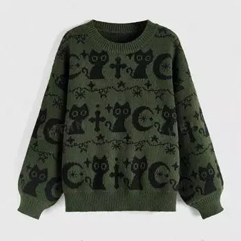 Европейский и американский женский осенне-зимний милый мультяшный рисунок животных повседневный универсальный серый вязаный свитер с круглым вырезом и длинными рукавами M темно серый