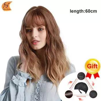 Европейский и американский женский парик с градиентом, коричневый, золотой, прямая челка, длинная вьющаяся шапочка для волос