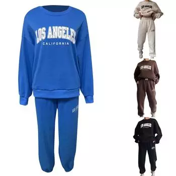 Европейский и американский женский повседневный модный утолщенный комплект с принтом, плюшевый свитер, брюки с длинными рукавами, комплект M чёрный