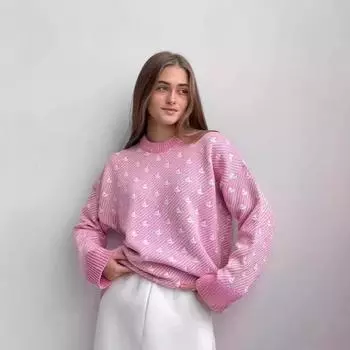 Европейский и американский зимний свитер-парусник 2024 года с широкими краями – универсальный свитер с круглым вырезом для поездок на работу розовый