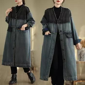 Европейский и контрастные цвета тяжелая промышленность стирать V-образный вырез свободный большой размер ретро повседневный грубый край длинный рукав джинсовый тренчкот спандекс M