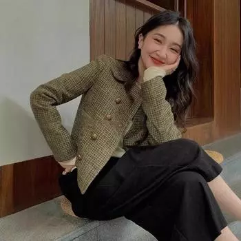 Европейский и небольшой ароматный твидовый пиджак, небольшая одежда для весны и осени 2024 года, новый женский ретро французский короткий топ S recommended weight within 50 kg чёрный