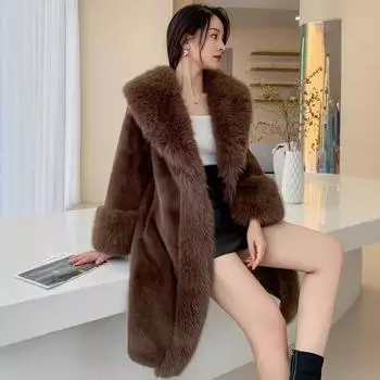 Европейский и осенне-зимний женский удлиненный меховой костюм Toka с воротником из искусственного меха, пальто, искусственный мех, шуба S серый