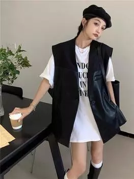 Европейский кожаный жилет средней и длинной длины, весна и осень, тонкая женская верхняя одежда, иностранный стиль, высококачественная куртка из искусственной кожи, костюм, сращивание, внешний вид M 115-72.5 kg