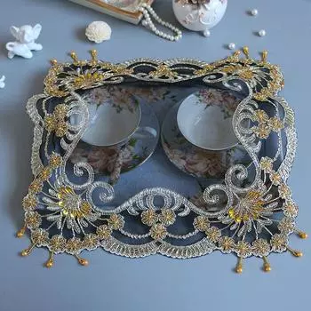Европейский квадратный кружевной кулон с блестками и вышивкой из бисера, роскошная подставка под тарелку, подставка под еду, закуски, спальня, балкон, кофейный столик, коврик для вечеринки 38x38cm