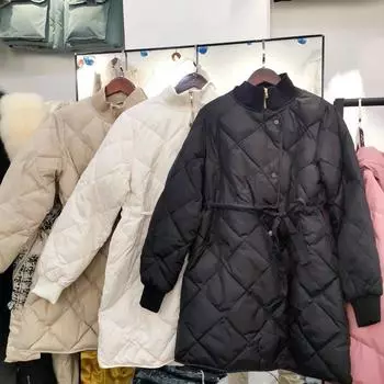 Европейский легкий пуховик женский, средний и длинный, новый осенне-зимний воротник-стойка, ромбовидная талия, корейская версия, тонкая куртка S белый