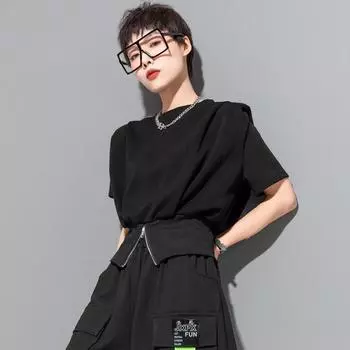 Европейский летний дизайн футболка в рубчик с молнией и коротким рукавом: Уникальный женский трендовый топ M (90-110 jin) чёрный