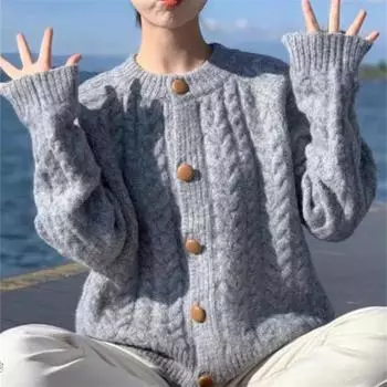 Европейский мягкий восковой ленивый ветровой свитер женский осенне-зимний новый твист круглый вырез длинный рукав свободный вязаный кардиган топ One size серый