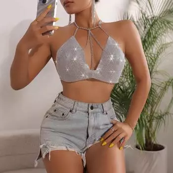 Европейский музыкальный фестиваль 2024 года. Топ-труба с металлической цепочкой и открытой спиной. Сексуальный топ L