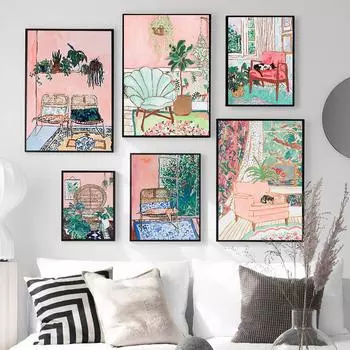 Европейский ностальгический ретро холст, картина маслом, диван, кошка, растения, постеры и принты, настенные художественные картины для гостиной, украшения дома A4 21x30cm No Frame