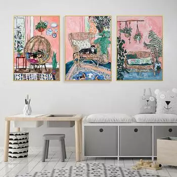 Европейский ностальгический ретро холст, картина маслом, диван, кошка, растения, постеры и принты, настенные художественные картины для гостиной, украшения дома 21cm30cm No Frame