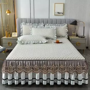 Европейский однотонный латексный охлаждающий чехол для лета, покрывало на молнии, съемная кружевная юбка с рюшами, королевский размер, комплект из 3 предметов 150x200cm 59x79inch светло-фиолетовый