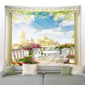 Европейский Приморский Город Цветочный Гобелен Ретро Итальянская Архитектура Растительный Пейзаж Настенный Гобелен Гостиная Комната Домашнее Украшение 100X75CM