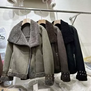 Европейский ретро утолщенный локомотивный меховой искусственный мех ягненка женское зимнее пальто 2024 года с имитацией оленьей кожи и флисовым мехом S 90-105 чёрный