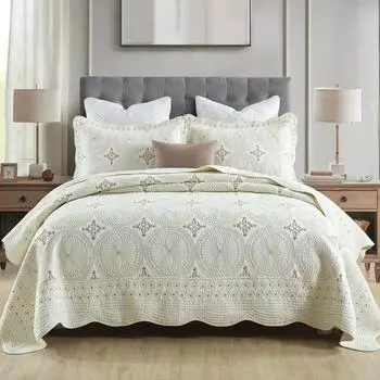 Европейский роскошный хлопковый стеганый покрывало с золотой вышивкой и наволочками, летнее одеяло, легкий чехол на кровать, 3 шт. 230x250cm 90x98inch бежевый