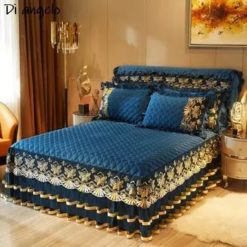 Европейский роскошный вышитый плотный бархатный стеганый покрывало, односпальное, двуспальное, двуспальное, кружевной подзор, простыня, наволочка #/ 1pc Skirt 150x200cm