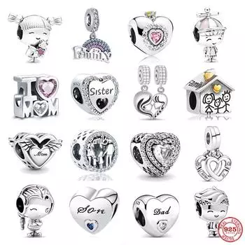 Европейский Стерлингового Серебра 925 пробы, семейный шарм, подходит для оригинального браслета, ювелирное изделие, кулон для мальчиков и девочек, сверкающая бусина для мамы, сестры, висячие
