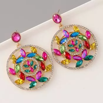 Европейский стиль, 2024, новые модные креативные серьги, полые круглые металлические цветные бриллианты для женщин, подарки на день рождения, серьги-подвески красный