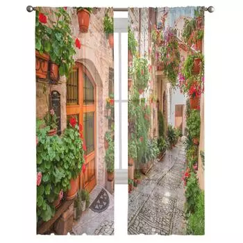 Европейский стиль, аллея, уличный пейзаж, тюлевые прозрачные оконные шторы для гостиной, спальни, современная вуаль, занавески из органзы, шторы W135 x H115cm x1