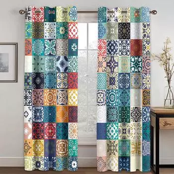 Европейский стиль Bohemian Pattern Shade Curtains 2 панели Эфиопский традиционный дизайн комнаты спальни гостиной Декоративные занавески 50W130H(CM)x2pcs&Rod Pocket