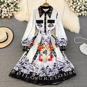 Европейский стиль, брендовое дизайнерское платье с принтом и буквами, женское платье с длинными рукавами и длинными рукавами, вечерние миди, плиссированные платья XXL разноцветный