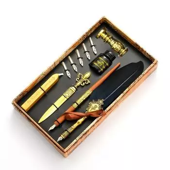 Европейский стиль Dip Pens Set With Ink New Retro Dipping Quill Pens Wholesale Lacquer Seal Student Feather Pencil Gifts темно-зеленого