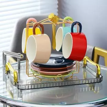 Европейский стиль Креативная ретро керамическая чашка Высокоэстетическая ценность Чайные чашки и блюдца Набор Легкая Роскошная Кофейная кружка Послеобеденная чайная кружка 250ml синий