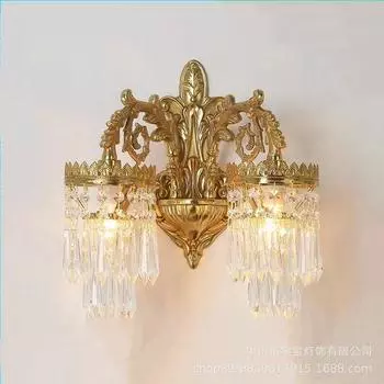 Европейский стиль медный кристалл французский гостиная спальня прикроватная тумбочка лестница проход зеркало передний настенный светильник E14 AC110V 220V
