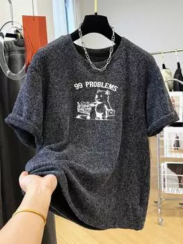 Европейский стиль Очень большая утолщенная футболка с коротким рукавом с начесом для женщин - Весна/Осень Свободный многослойный базовый топ 2X Large серый