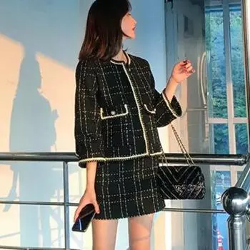 Европейский стиль, осенне-зимний комплект из 2 предметов, женский короткий шерстяной твидовый пиджак, пальто и облегающая мини-юбка, комплект женской одежды из двух предметов S чёрный