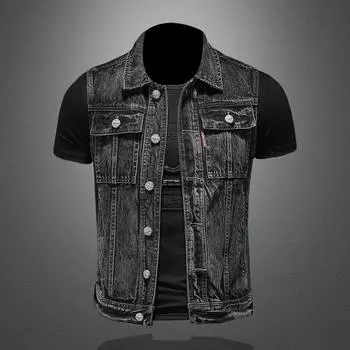 Европейский стиль + винтажный джинсовый жилет + мужской повседневный большой джинсовый жилет без рукавов MJ8127 5XL чёрный