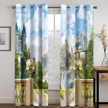 Европейский стиль Замок Сад Пейзаж Растения Зеленые листья Цветы Шторы 2 Панели Гостиная Спальня Балкон Кухня Декор 50W130H(CM)x2&Hook