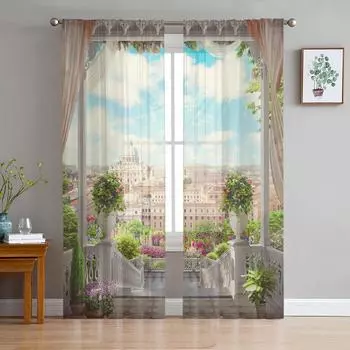 Европейский стиль, здание, балкон, пейзаж, тюлевые оконные шторы для гостиной, прозрачная вуаль из органзы, занавеска для спальни, кухни, домашний декор W135 x H115cm x1