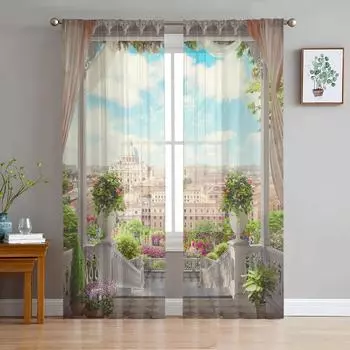 Европейский стиль, здание, балкон, пейзаж, тюлевые оконные шторы для гостиной, прозрачная вуаль из органзы, занавеска для спальни, кухни, домашний декор W135 x H115cm x1&Rod Pocket