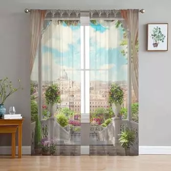 Европейский стиль, здание, балкон, пейзаж, тюлевые оконные шторы для гостиной, прозрачная вуаль из органзы, занавеска для спальни, кухни, домашний декор W135 x H115cm x1&Rod Pocket