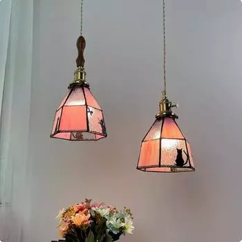 Европейский светодиодный подвесной светильник, абажур из дерева, меди и стекла, винтажная лампочка Эдисона, подвесная лампа для кошек, люстра для внутреннего потолка Warm White