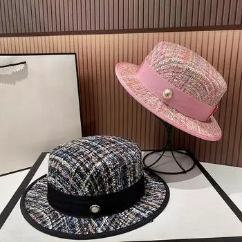 Европейский светский стиль, нежная и элегантная жемчужная жаккардовая шляпа с плоским верхом, розовый твидовый цилиндр, модный женский праздничный цилиндр 56-58cm тёмно-синий