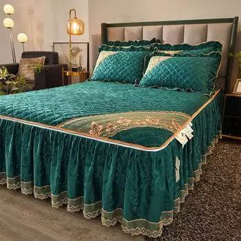 Европейский тисненый кружевной бархатный стеганый чехол на кровать на молнии юбка-кровать Queen King Size мягкий наматрасник двойной теплый не-sip 3 шт. Only 2pcs pillowcase бежевый