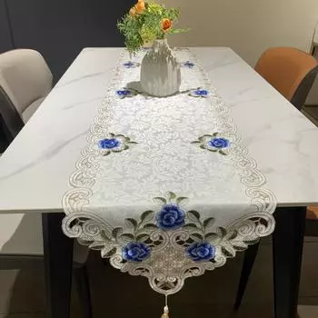 Европейский Вышитый Настольный Флаг Цветочный Ажурный Полиэстер Домашняя Скатерть для Кофейного Столика Настольный Флаг 40*120 синий
