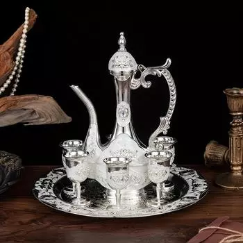 Европейский винтажный чайный сервиз — включает в себя 1 чайник, 6 чайных чашек и 1 поднос — идеально подходит для летних и зимних напитков — старинный металлический набор для питья для дома