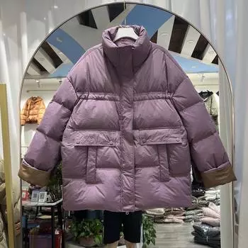 Европейский воротник-стойка контрастного цвета пуховик для женщин зима 2024 новый широкий вариант свободный большой размер утолщенный теплый белый пуховик S хаки