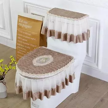 Европейский вышитый коврик для сиденья для унитаза, комплект из трех предметов, плюшевый теплый туалетный столик, пылезащитный чехол, кружевной край, прозрачный подол, подушка для сиденья унитаза