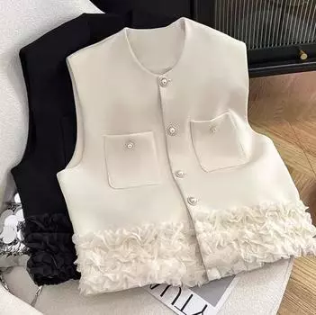 Европейский Xiaoxiangfeng сращивающийся кружевной подол жилет женский новый нишевый дизайн жилет верхняя куртка One size бежевый